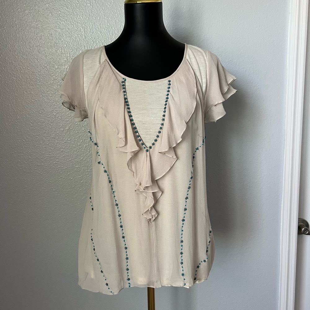 Saivana Cream Ruffle Blouse with Blue Accents